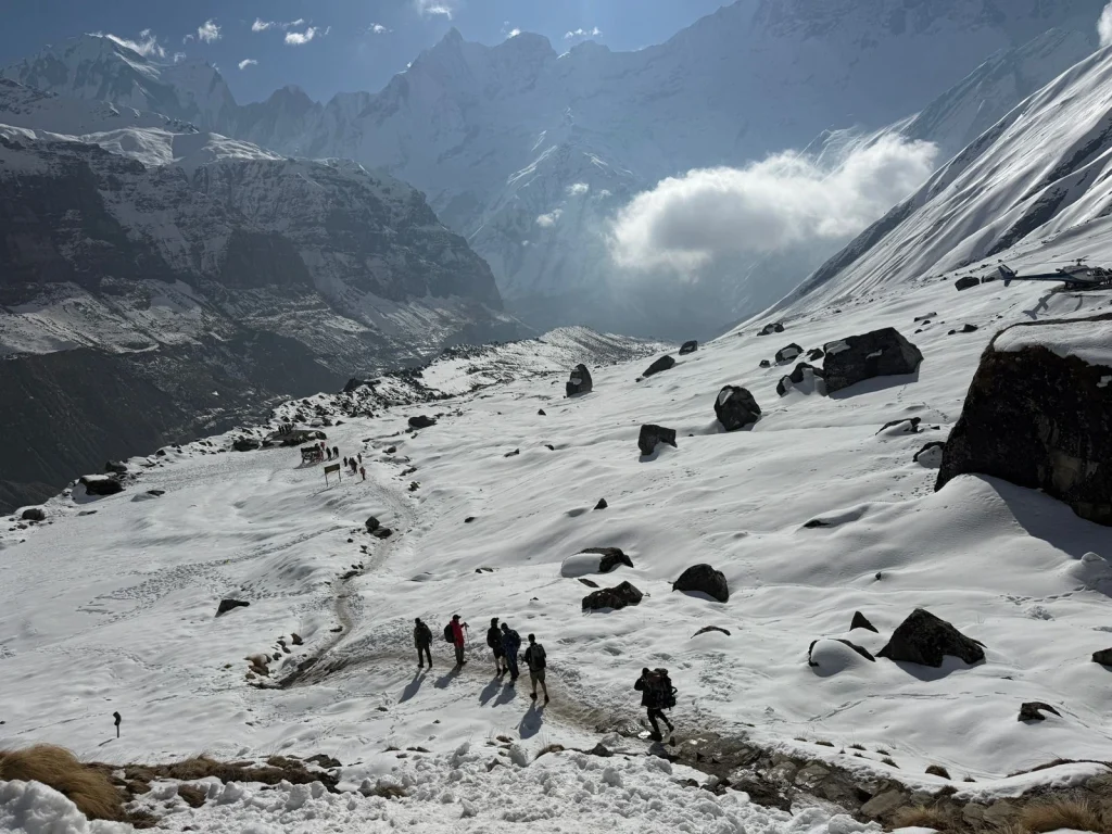 Annapurna Base Camp Trek surrounded by snow-covered Himalayan peaks